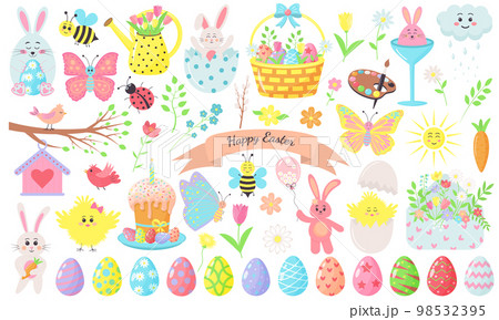 Set of Easter spring elements. Bunnies, chicks, eggs, flowers, butterflyes and other. Perfect for scrapbooking, greeting card, party invitation, poster, tag, sticker kit. Set of Easter spring elements. Bunnies, chicks, eggs, flowers, butterflyes and other. Perfect for scrapbooking, greeting card, party invitation, poster, tag, sticker kit. 98532395