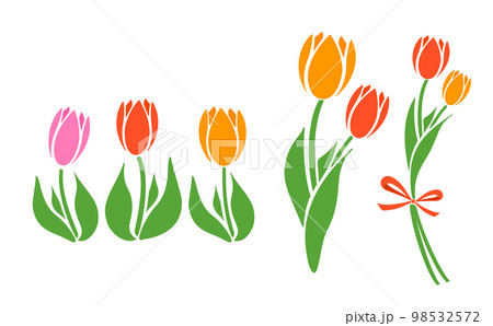 シンプルな春のお花のチューリップの花束イラストセット_ベクター素材_ビビット赤色_透過PNG 98532572