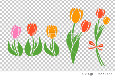 シンプルな春のお花のチューリップの花束イラストセット_ベクター素材_ビビット赤色_透過PNG 98532572