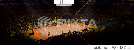 Aerial view. 3D model of empty basketball arena, court, playground in spotlights for game competition, championship. Stadium full of sport fans Aerial view. 3D model of empty basketball arena, court, playground in spotlights for game competition, championship. Stadium full of sport fans 98532717