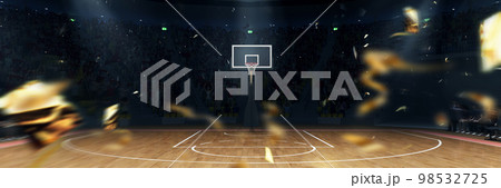 3D model of empty basketball arena, court, playground for game competition, championship with confetti. Stadium full of sport fans. Winning game 98532725