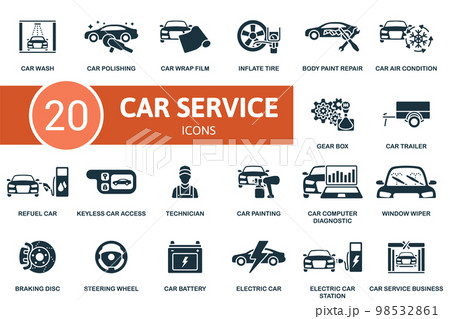 Car Service icon set. Monochrome simple Car Service icon collection. Car Wash, Polishing, Wrap Film, Inflate Tire, Body Paint Repair, Steering Wheel, Car Battery, Electric Car, Electric Station 98532861