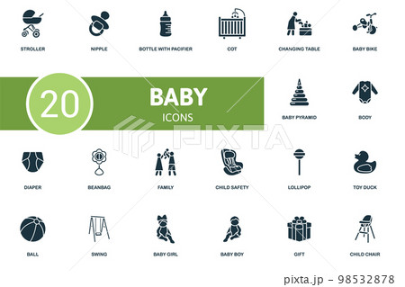 Baby icon set. Monochrome simple Baby icon collection. Stroller, Nipple, Bottle With Pacifier, Cot, Changing Table, Swing, Baby Girl, Baby Boy, Gift, Child Chair icon 98532878