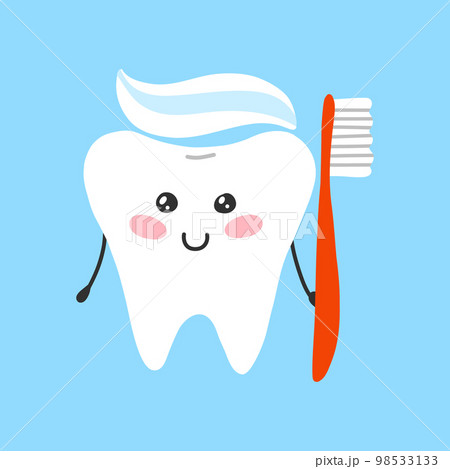 Tooth with toothpaste and toothbrush. Oral hygiene. Tooth character in kawaii style. Vector illustration. Flat cartoon style. 98533133