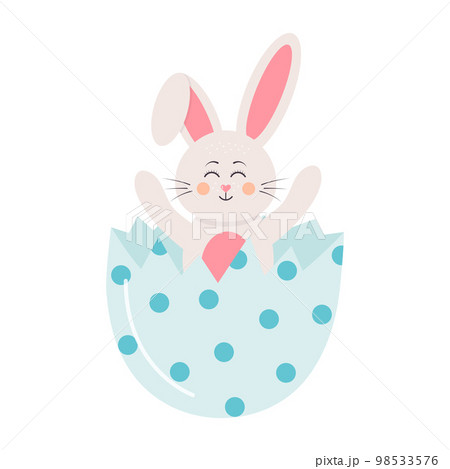 Easter bunny sitting in the egg shell. Joyful little rabbit hatching from a cracked egg. Cute cartoon funny character. 98533576