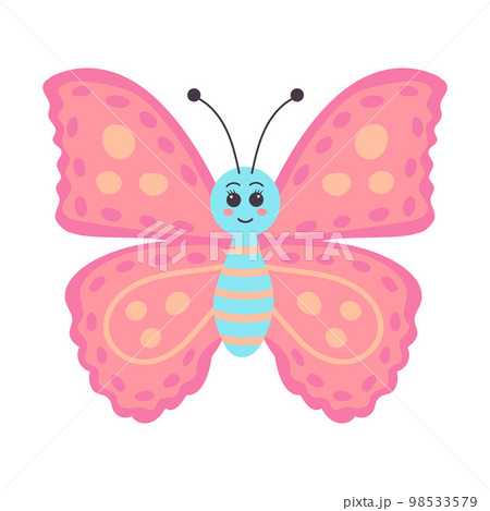 Cute colorful smiling butterfly. Flying insect. Cartoon character. Vector illustration isolated on white background. 98533579