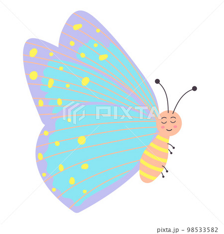 Cute colorful smiling butterfly. Flying insect. Cartoon character. Vector illustration isolated on white background.  98533582