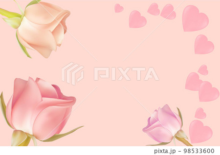 Three multi-colored roses on a light background with copy space. Concept for valentine's day, birthday, mother's day, women's day. Universal holiday background. Vector image. 98533600