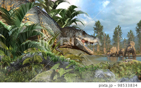 Tyrannosaurus rex stalking prey 3D illustration	 98533834