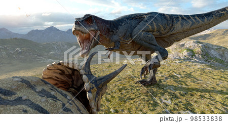 Tyrannosaurus and Triceratops from the Cretaceous era 3D illustration	 98533838