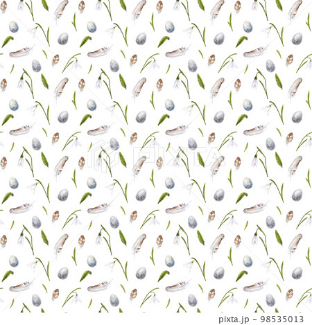 Watercolor seamless pattern with snowdrops, bird feathers and eggs on white background 98535013