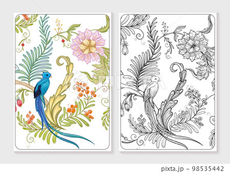 Fantasy flowers with bird of paradise quezal 98535442