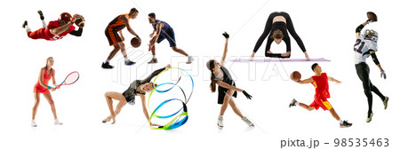 American football, basketball, tennis players, figure skater and gymnastics. Collage, set of different professional sportsmen. Concept of sport, achievements, competition, championship. American football, basketball, tennis players, figure skater and gymnastics. Collage, set of different professional sportsmen. Concept of sport, achievements, competition, championship. 98535463