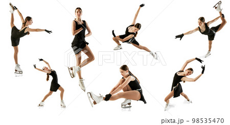 Set of icons, images of young teen girl, junior female figure skater in black stage costume skating isolated over white background. Concept of skills, sport, beauty, winter sports. Set of icons, images of young teen girl, junior female figure skater in black stage costume skating isolated over white background. Concept of skills, sport, beauty, winter sports. 98535470