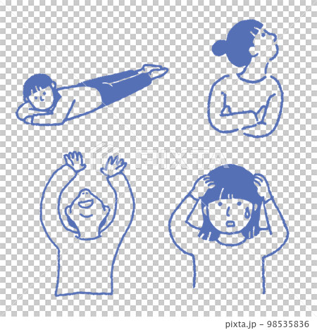 女性　ポーズ　考える　悩む　喜ぶ　線画 98535836