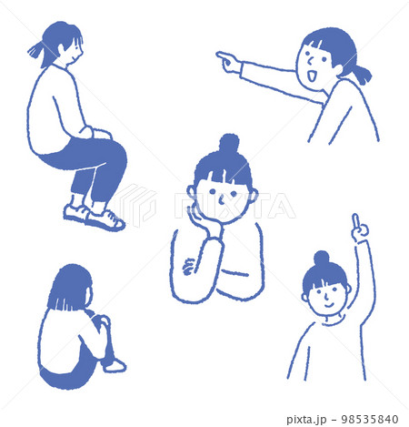 女性　ポーズ　考える　説明する　座る　線画 98535840