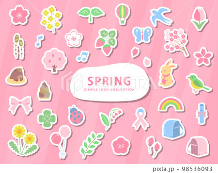 春のシンプルなイラストアイコンセット / シール / 桜、花、自然、植物、動物 98536093