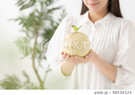 女性　地球儀　エコ 98536324