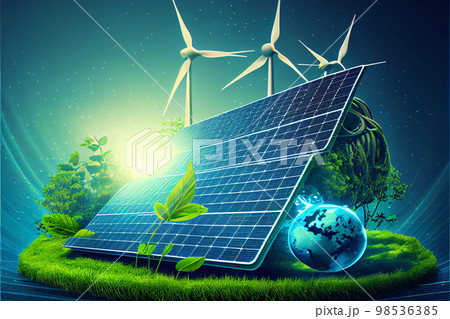 Solar panels wind turbines installed as renewable energy sources for electricity and power supply. Innovation and technology, environmental friendly energy. Solar farm under sunny day Solar panels wind turbines installed as renewable energy sources for electricity and power supply. Innovation and technology, environmental friendly energy. Solar farm under sunny day 98536385
