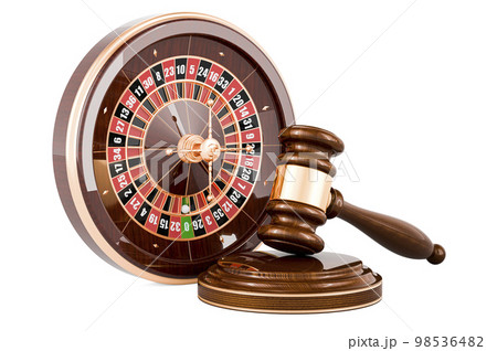 Wooden gavel with casino roulette. 3D rendering 98536482