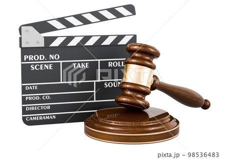 Wooden gavel with clapperboard, 3D rendering 98536483