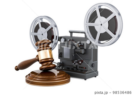 Wooden gavel with film projector. 3D rendering Wooden gavel with film projector. 3D rendering 98536486