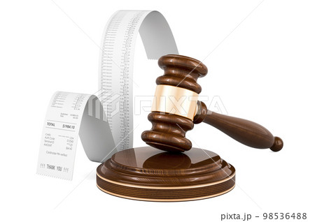 Wooden gavel with printed receipt, bill. Consumer protection concept. 3D rendering 98536488