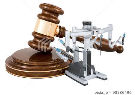 Wooden gavel with robotic surgical system. 3D rendering 98536490