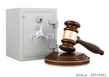 Wooden gavel with safe box. 3D rendering Wooden gavel with safe box. 3D rendering 98536491