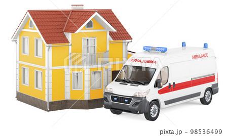 Ambulance van with home, 3D rendering 98536499