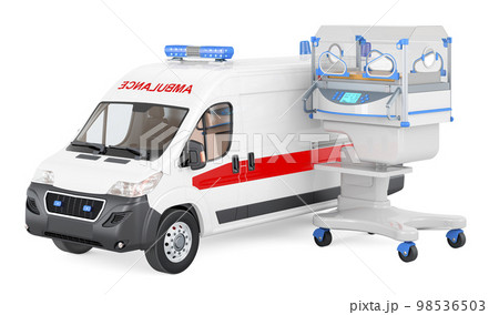 Ambulance van with neonatal incubator, 3D rendering 98536503