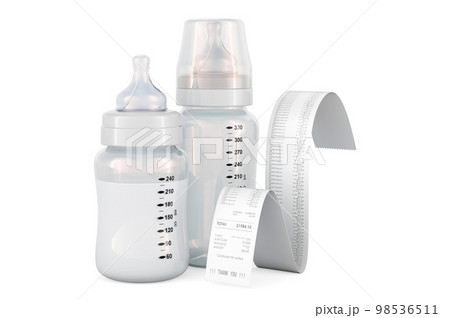 Baby bottles with receipt print. 3D rendering Baby bottles with receipt print. 3D rendering 98536511