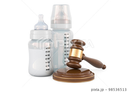 Baby bottles with wooden gavel. 3D rendering Baby bottles with wooden gavel. 3D rendering 98536513
