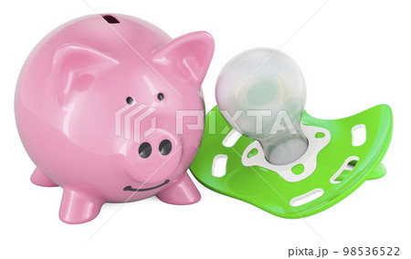 Baby pacifier with piggy bank, 3D rendering 98536522