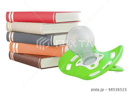 Baby soother with books. Books about Motherhood, concept, 3D rendering 98536523