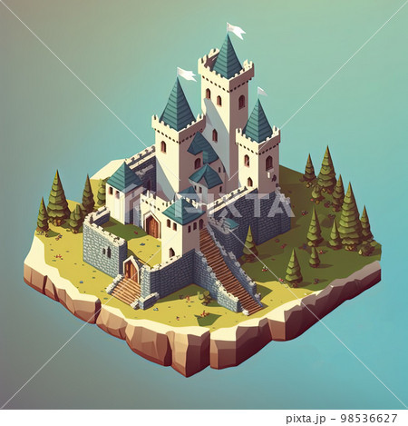 Cartoon isometric medieval castle with towers, bridge and gates. Generative AI 98536627