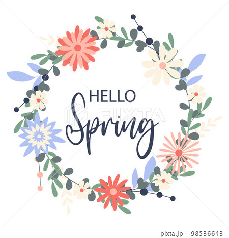 Hello spring flower wreath. Card with herbal flowers and greeting 98536643