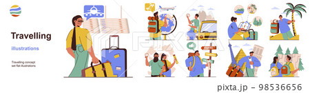 Travelling concept with character situations collection. Bundle of scenes people with luggage and tourist backpacks go on beach vacation, travel and hiking. Vector illustrations in flat web design Travelling concept with character situations collection. Bundle of scenes people with luggage and tourist backpacks go on beach vacation, travel and hiking. Vector illustrations in flat web design 98536656