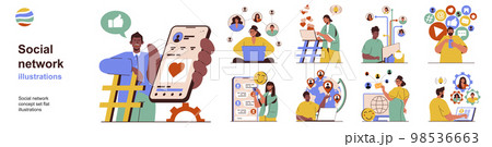 Social network concept with character situations collection. Bundle of scenes people use mobile applications for communicate online in chats and messengers. Vector illustrations in flat web design Social network concept with character situations collection. Bundle of scenes people use mobile applications for communicate online in chats and messengers. Vector illustrations in flat web design 98536663