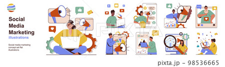 Social media marketing concept with character situations collection. Bundle of scenes people analyze market, create promotion strategy, make ads for business. Vector illustrations in flat web design Social media marketing concept with character situations collection. Bundle of scenes people analyze market, create promotion strategy, make ads for business. Vector illustrations in flat web design 98536665