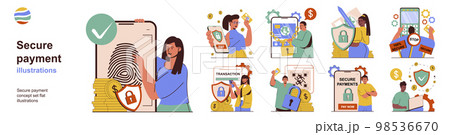 Secure payment concept with character situations collection. Bundle of scenes people get access to personal data or account with fingerprint scanner, password. Vector illustrations in flat web design 98536670