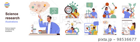 Science research concept with character situations collection. Bundle of scenes people making chemical experiments, study microbiology or viruses, create drugs. Vector illustrations in flat web design Science research concept with character situations collection. Bundle of scenes people making chemical experiments, study microbiology or viruses, create drugs. Vector illustrations in flat web design 98536677