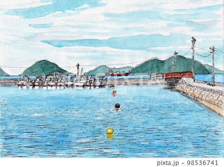 漁船が並ぶ港のイラスト素材 [98536741] - PIXTA