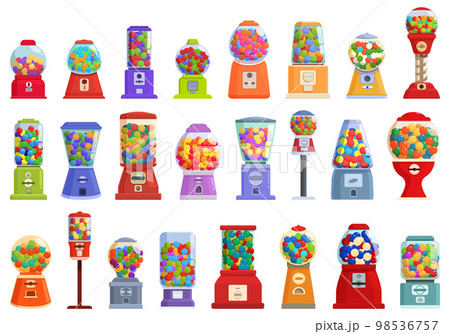 Bubblegum machine icons set cartoon vector. Gum candy. Vending toy 98536757