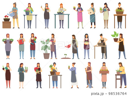 Girl caring for flowers icons set cartoon vector. Plant pouring. Flower nature 98536764
