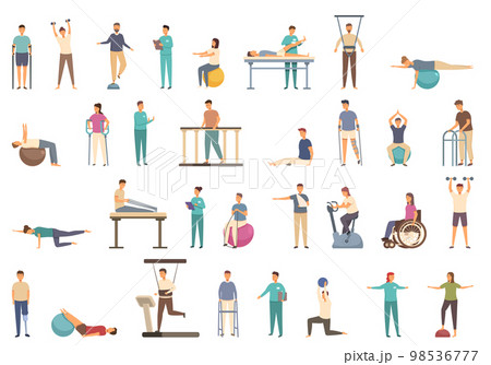 Physiotherapy icons set cartoon vector. Treatment exercise. Condition equipment Physiotherapy icons set cartoon vector. Treatment exercise. Condition equipment 98536777