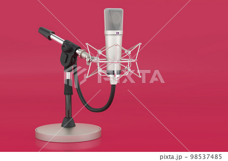 Diaphragm condenser studio microphone with shock-mount on the tabletop suspension in trending viva magenta colors, 3D rendering 98537485
