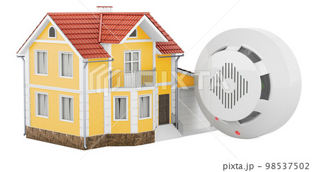 House with fire and flame detector, 3D rendering House with fire and flame detector, 3D rendering 98537502