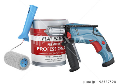 Paint can and roller brush with electric drill. 3D rendering 98537520