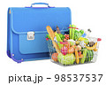 Schoolbag with shopping basket full of products, 3D rendering 98537537